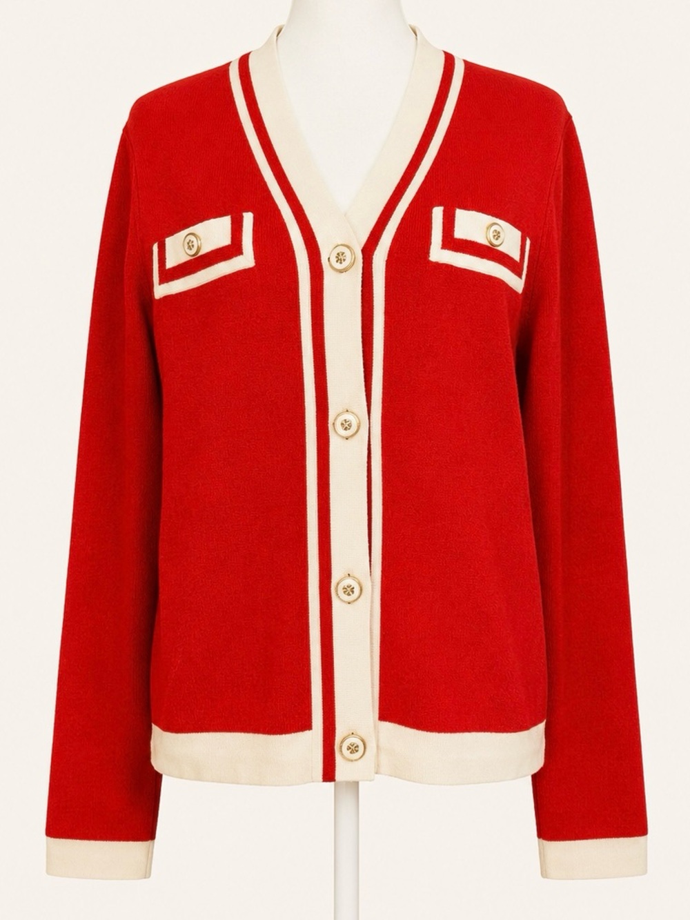 Adrienne Vittadini Red & Cream Preppy Cardigan - Size Medium